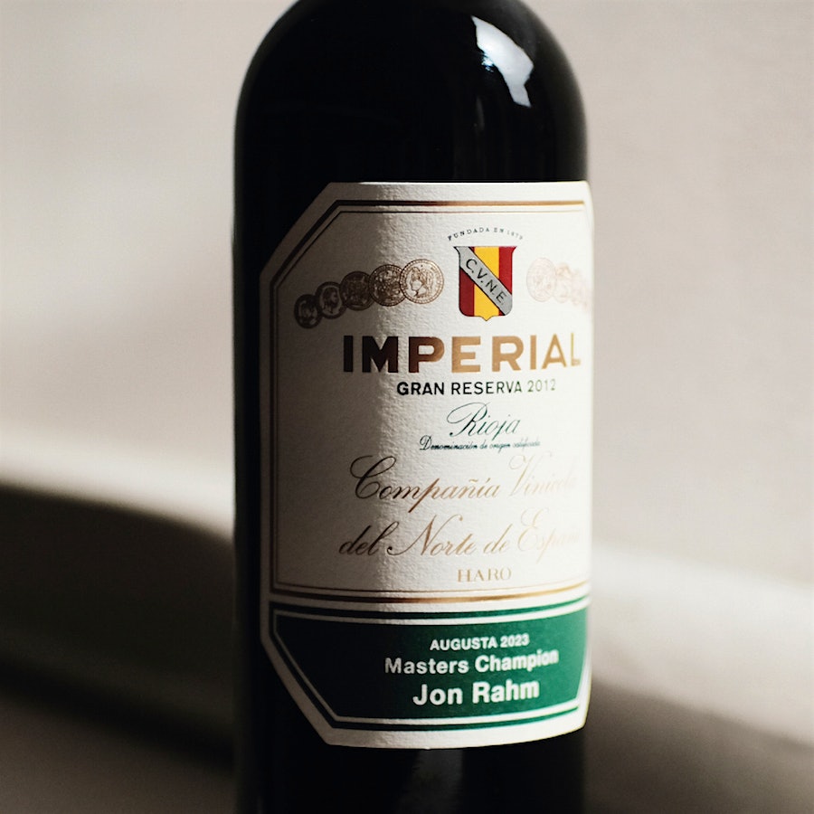  A bottle of CVNE Rioja Imperial Gran Reserva 2012 bearing a special green label that states August 2023 Masters Champion Jon Rahm